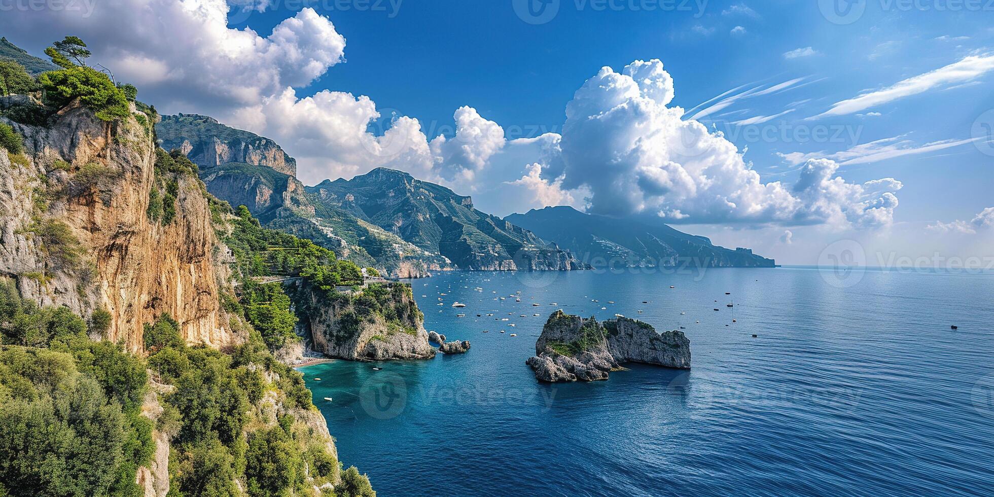 AI generated Amalfi coast coastline in Sorrentine Peninsula, Campania region, Italy. Holiday destination shoreline with hills, beaches, and cliffs, sea view, blue sky day wallpaper background photo