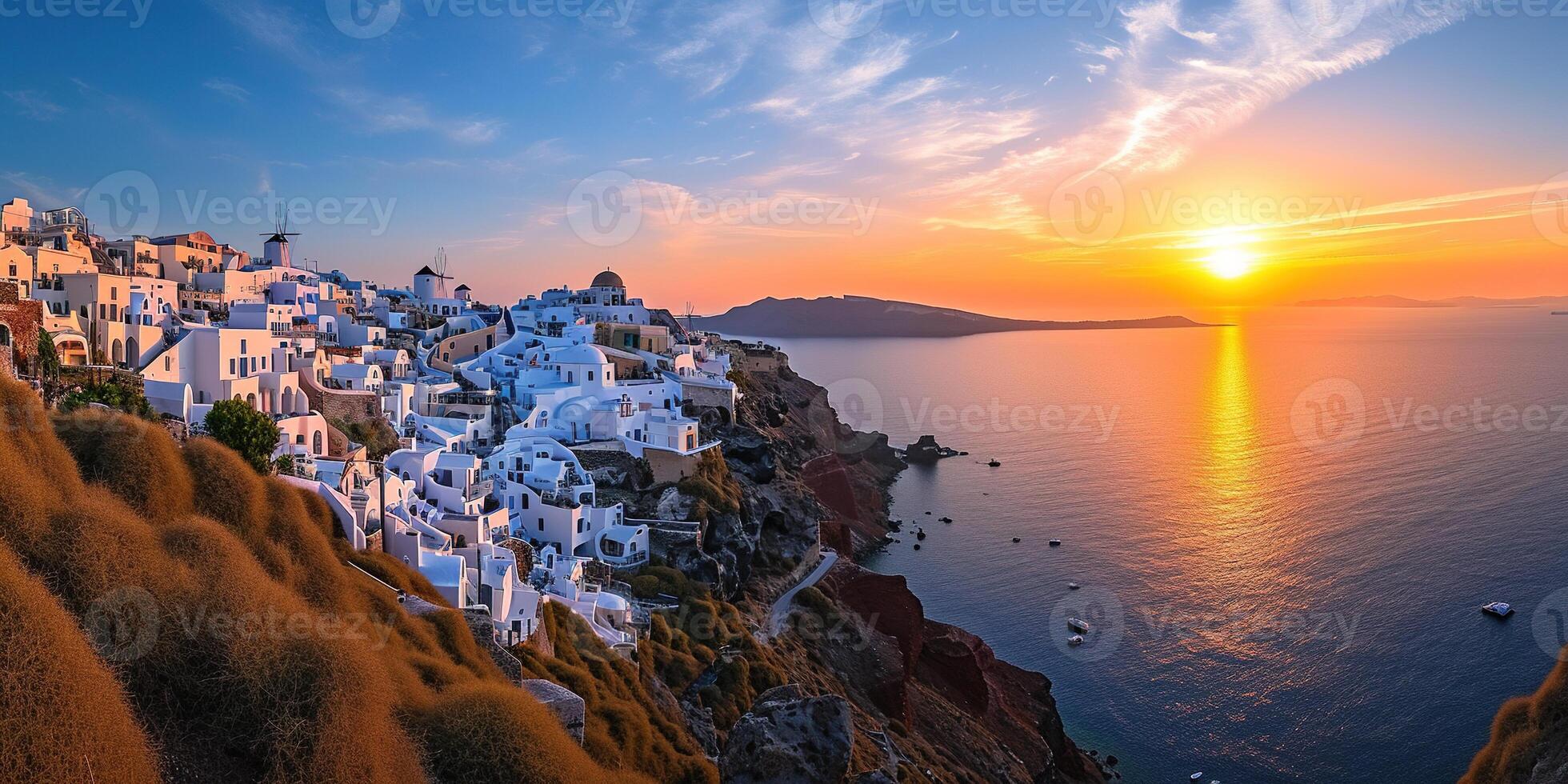 AI generated Santorini Thira island in southern Aegean Sea, Greece sunset. Fira and Oia town with white houses overlooking cliffs, beaches, and small islands panorama background wallpaper photo