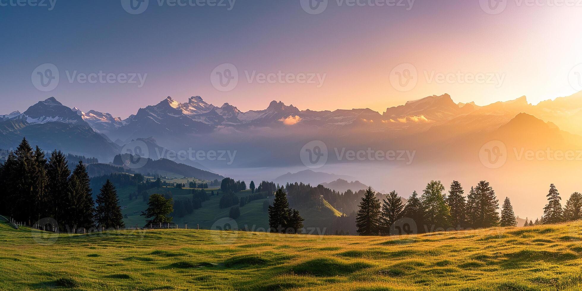 AI generated Swiss Alps snowy mountain range with valleys and meadows, Switzerland landscape. Golden hour sunset, serene idyllic panorama, majestic nature, relaxation, calmness concept photo