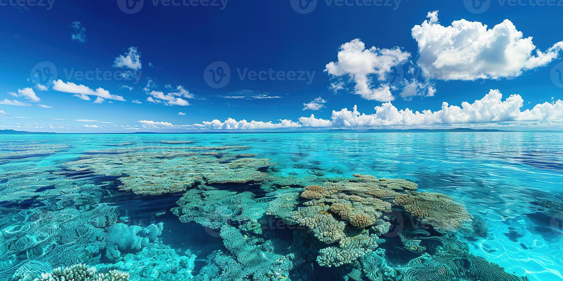 AI generated Great Barrier Reef on the coast of Queensland, Australia seascape. Coral sea marine ecosystem wallpaper with blue cloudy sky in the daylight photo