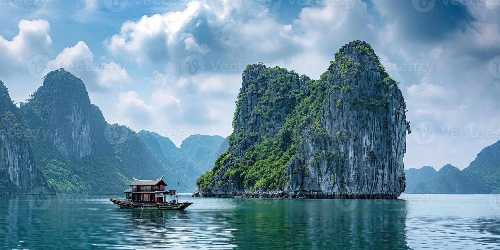 AI generated Ha Long Bay, Halong bay World Heritage Site, limestone islands, emerald waters with boats in province, Vietnam. Travel destination, natural wonder landscape background wallpaper photo