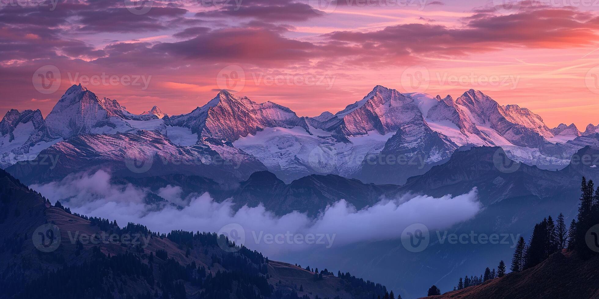 AI generated Swiss Alps snowy mountain range with valleys and meadows, Switzerland landscape. Golden hour sunset, serene idyllic panorama, majestic nature, relaxation, calmness concept photo