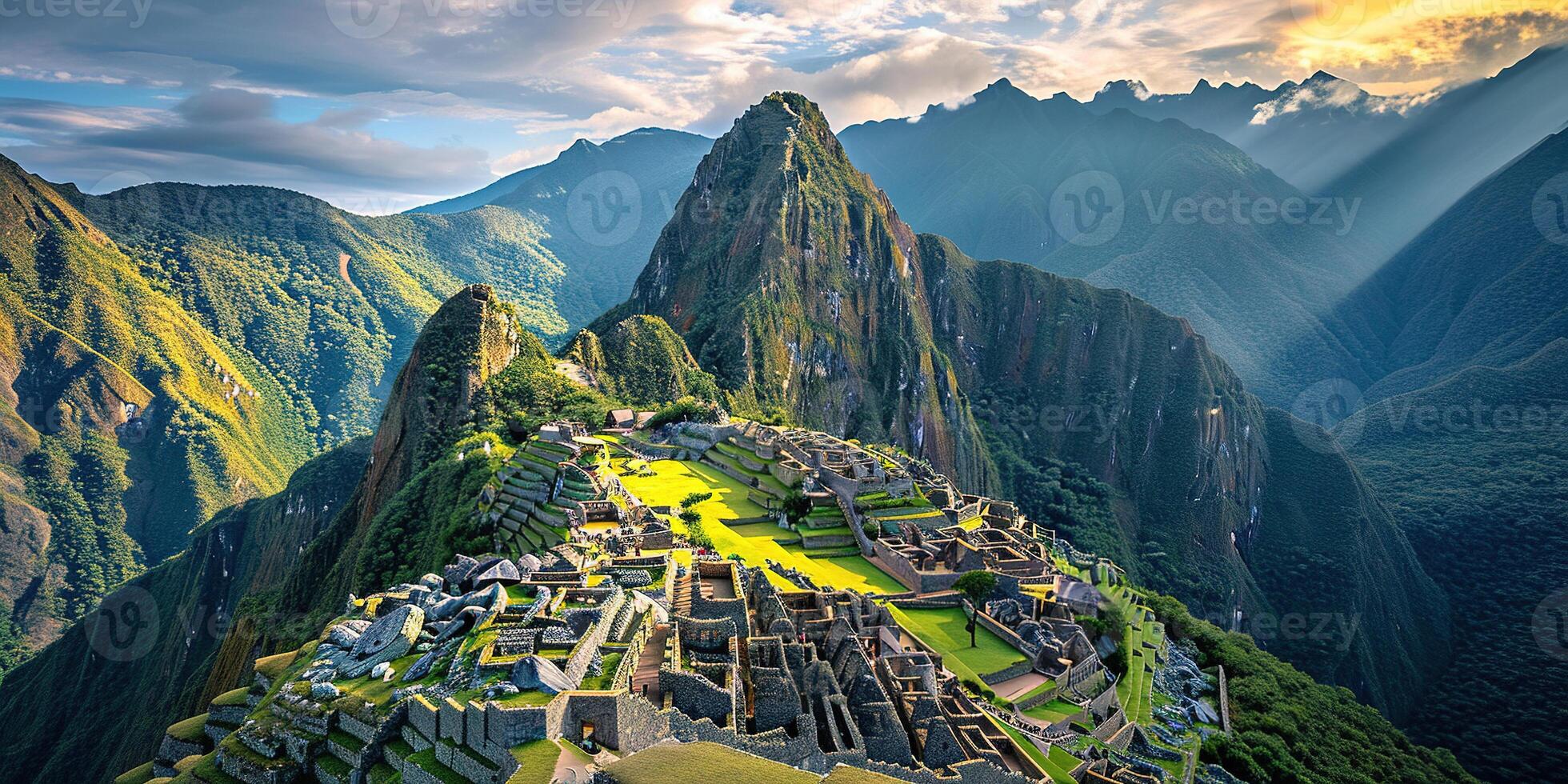 AI generated Historic Sanctuary of Machu Picchu on a mountain ridge, Eastern Cordillera of southern Peru. Incan citadel in the Andes Mountains, ancient civilization, sunset panorama landscape photo