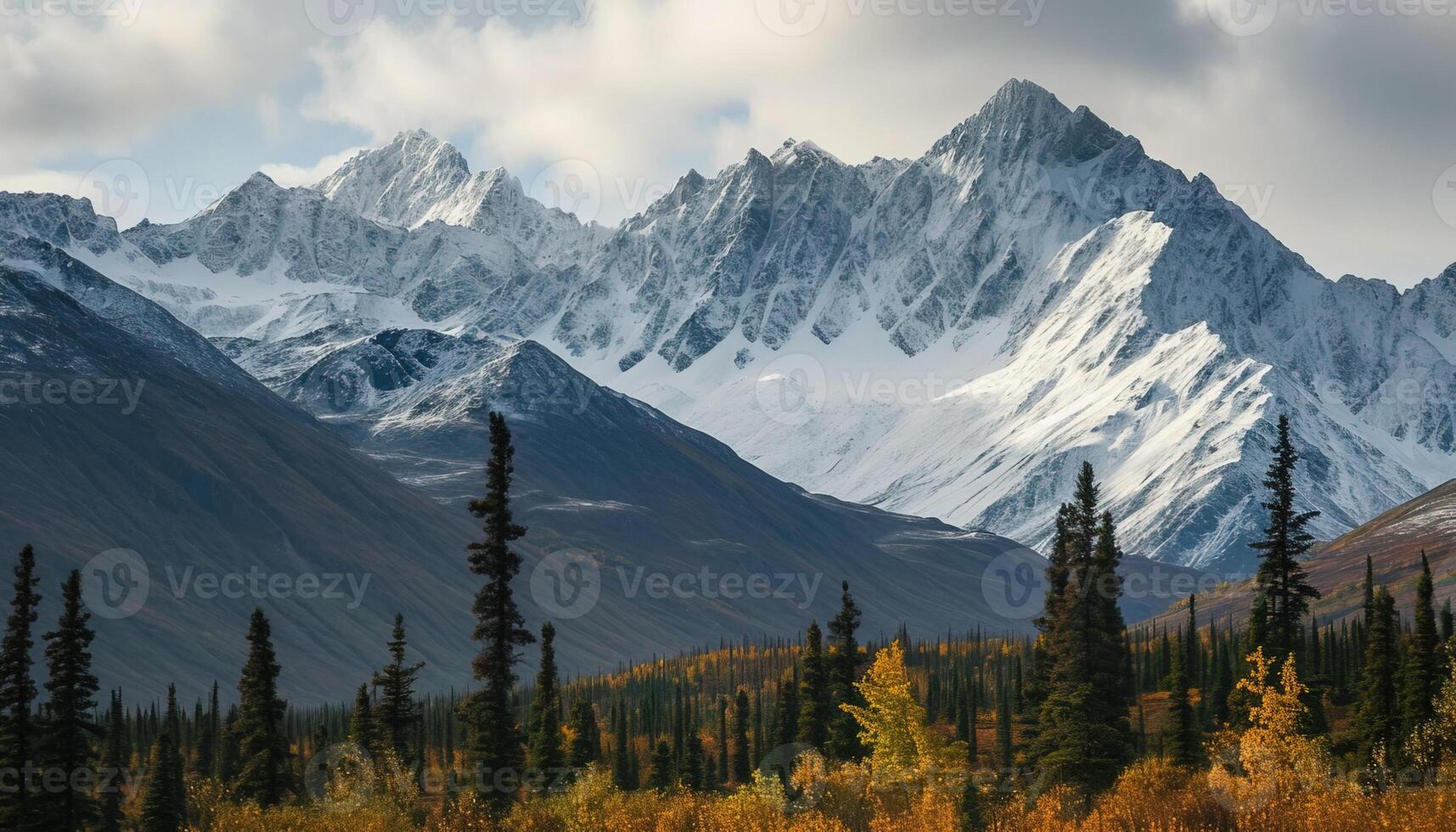 AI generated Snowy mountains of Alaska, landscape with forests, valleys, and rivers in daytime. Serene wilderness nature composition background wallpaper, travel destination, adventure outdoors photo