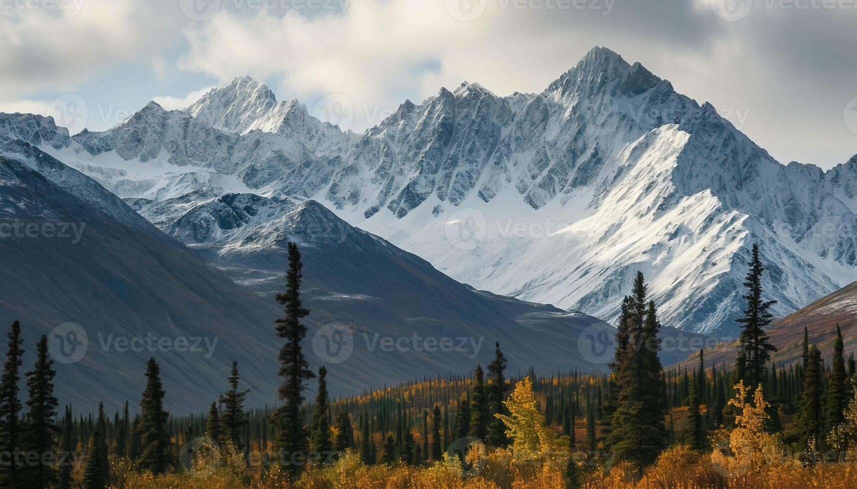 ai generado Nevado montañas de Alaska, paisaje con bosques, valles, y ríos en tiempo de día. sereno desierto naturaleza composición antecedentes fondo de pantalla, viaje destino, aventuras al aire libre foto