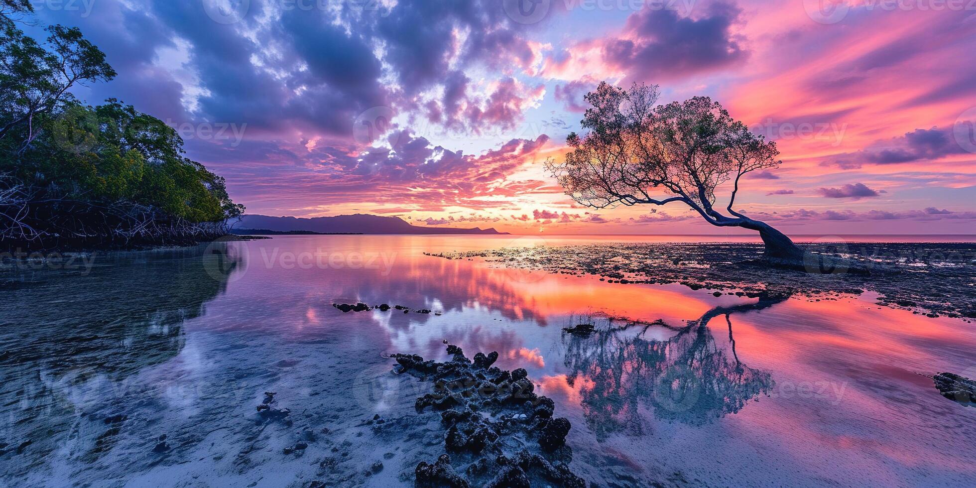 ai generado un silueta de un árbol en un isla playa puesta de sol paisaje. dorado hora noche cielo en el horizonte. consciencia, meditación, calma, serenidad, relajación concepto antecedentes foto