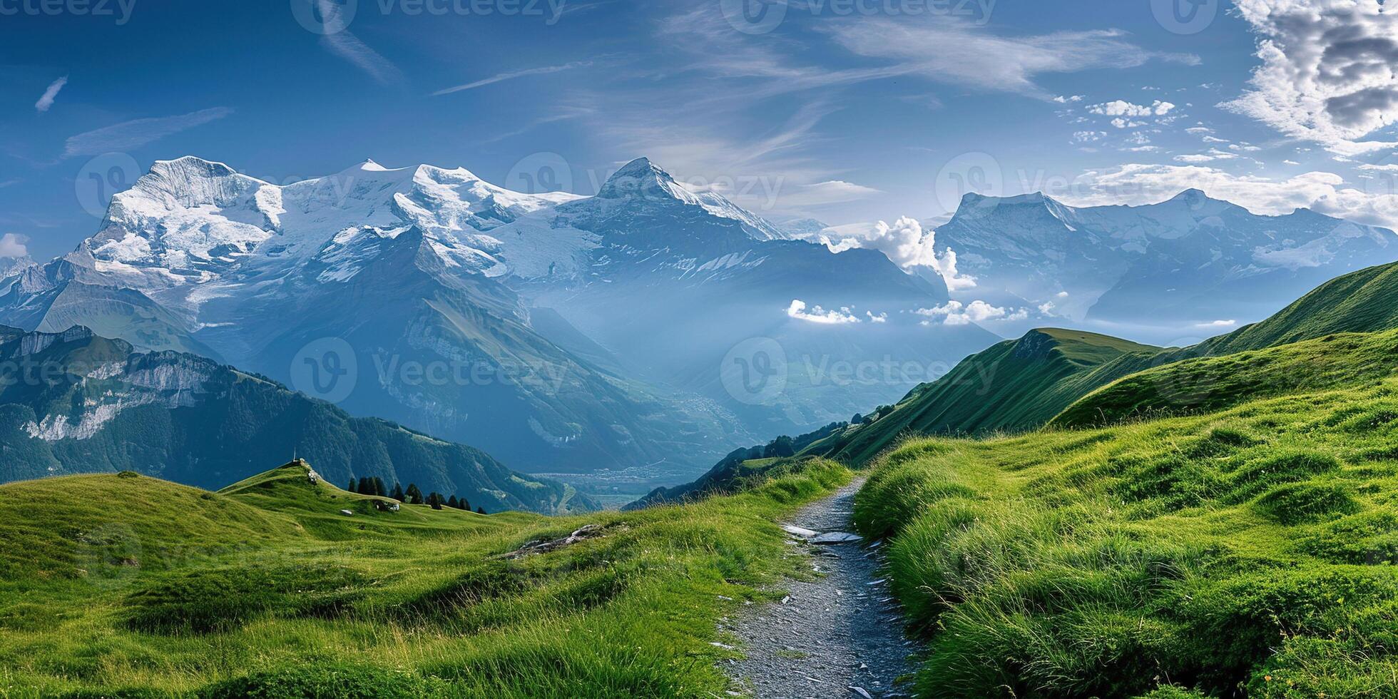 ai generado suizo Alpes montaña rango con lozano bosque valles y prados, campo en Suiza paisaje. Nevado montaña tapas en el horizonte, viaje destino fondo de pantalla antecedentes foto