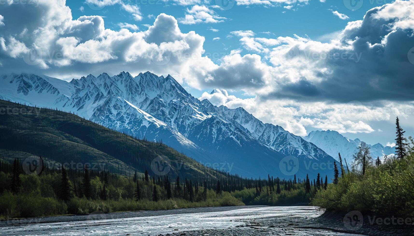 AI generated Snowy mountains of Alaska, landscape with forests, valleys, and rivers in daytime. Serene wilderness nature composition background wallpaper, travel destination, adventure outdoors photo