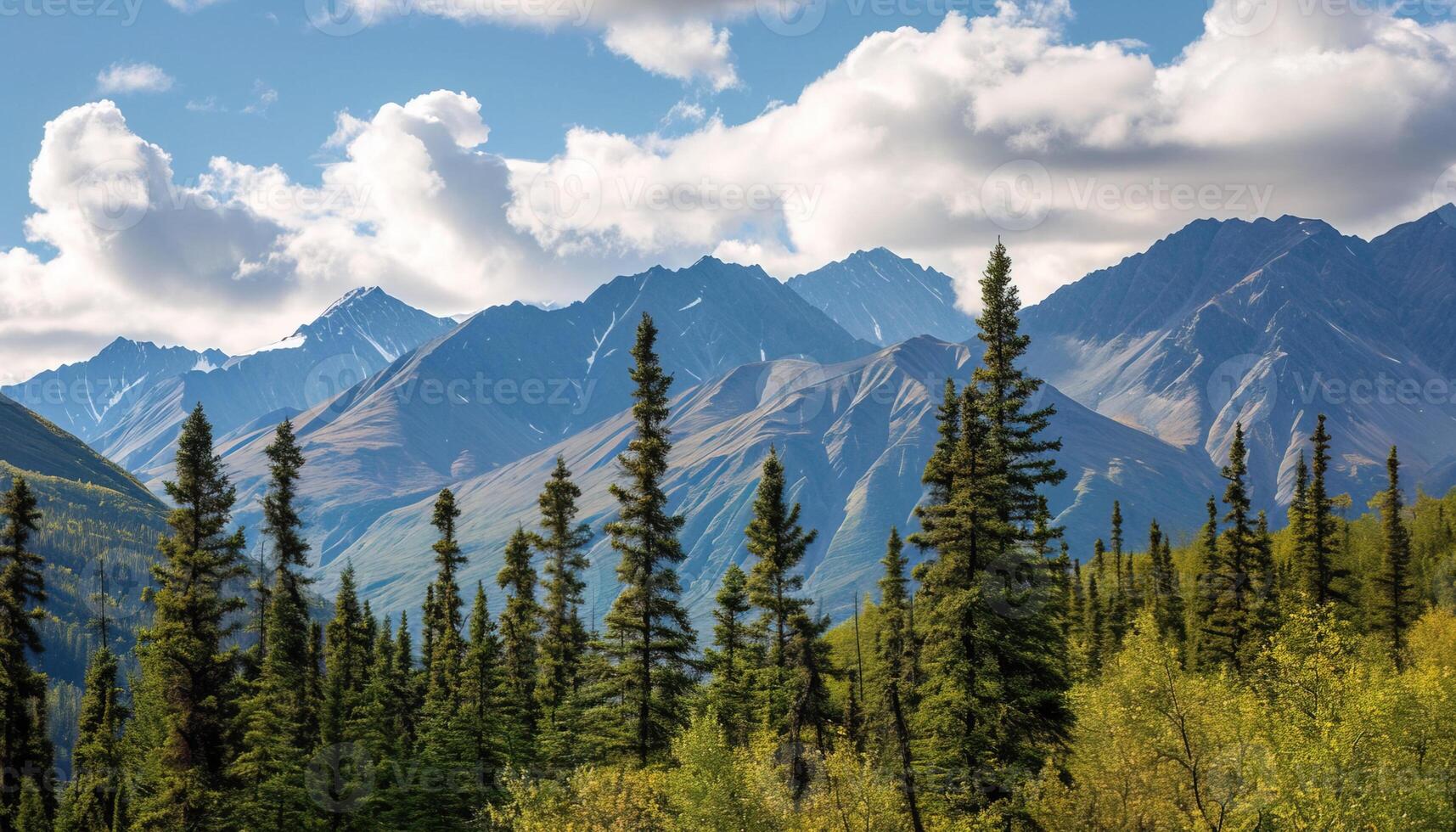 AI generated Snowy mountains of Alaska, landscape with forests, valleys, and rivers in daytime. Breathtaking nature composition background wallpaper, travel destination, adventure outdoors photo
