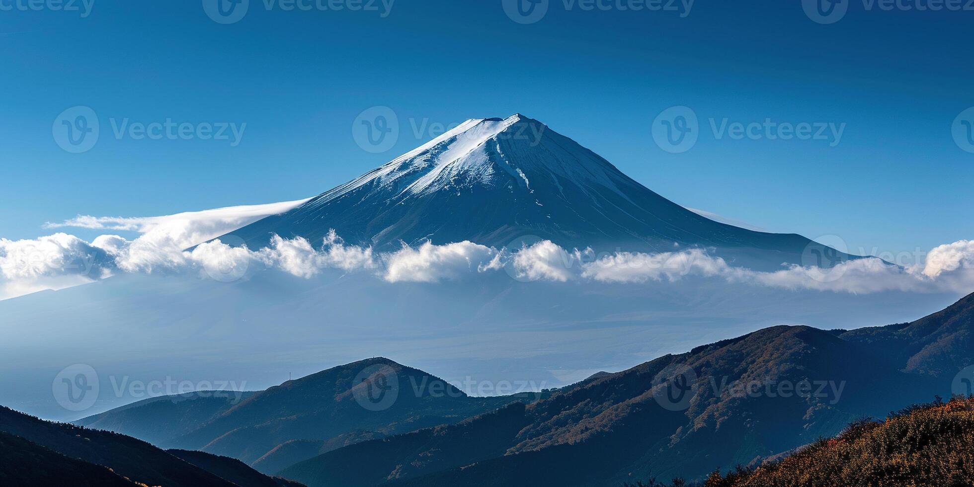 AI generated Mt. Fuji, mount Fuji-san tallest volcano mountain in Tokyo, Japan. Snow capped peak, conical sacred symbol, nature landscape backdrop background wallpaper, travel destination photo