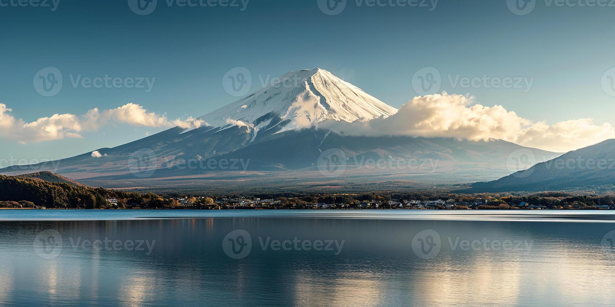 AI generated Mt. Fuji, mount Fuji-san tallest volcano mountain in Tokyo, Japan. Snow capped peak, conical sacred symbol, nature landscape backdrop background wallpaper, travel destination photo