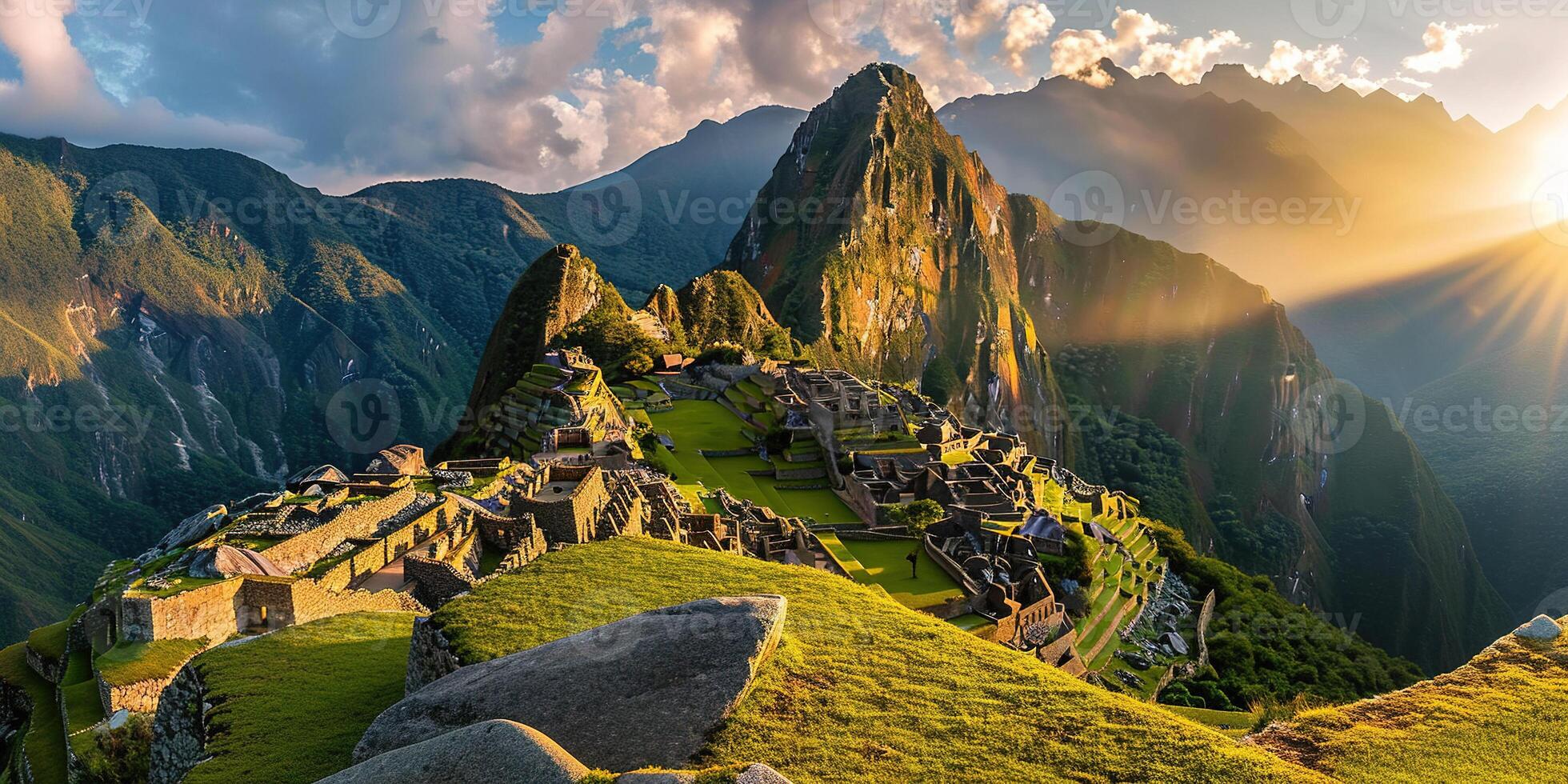 ai generado histórico santuario de machu picchu en un montaña cresta, oriental Cordillera de del Sur Perú. inca ciudadela en el Andes montañas, antiguo civilización, puesta de sol panorama paisaje foto