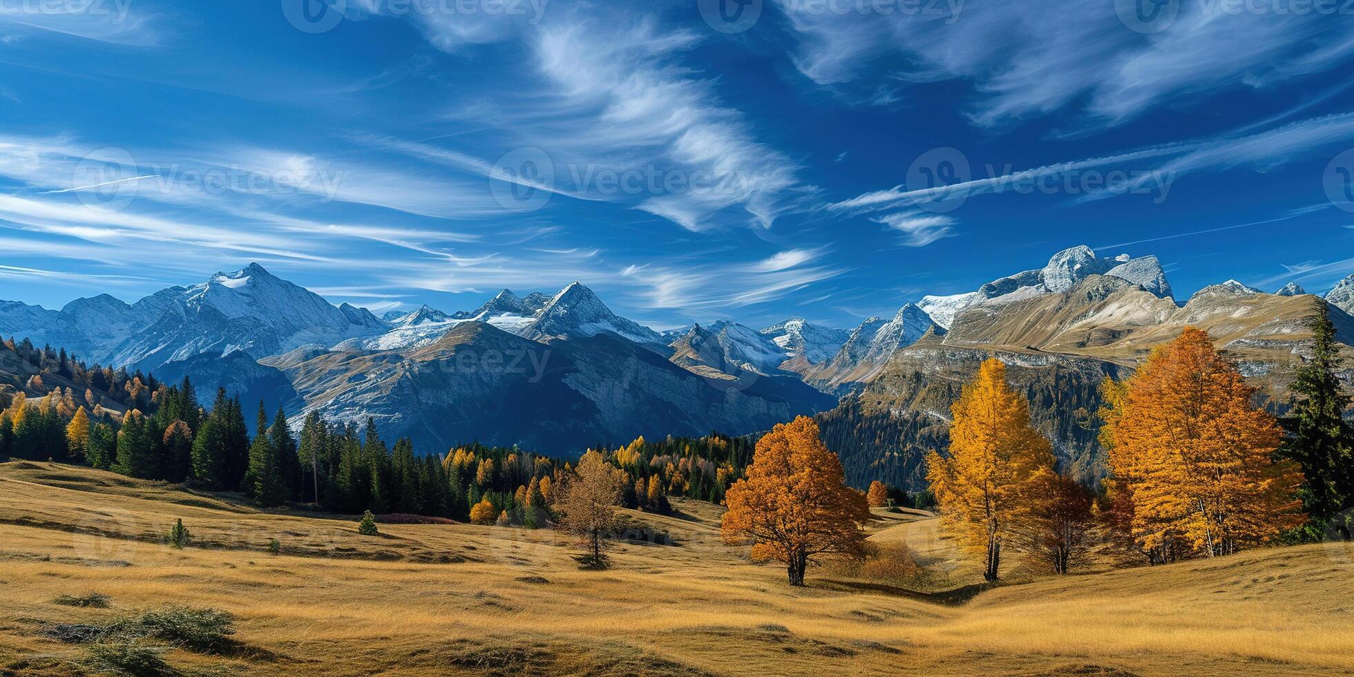 AI generated Swiss Alps mountain range with lush forest valleys and meadows, countryside in Switzerland landscape. Snowy mountain tops in the horizon, travel destination wallpaper background photo