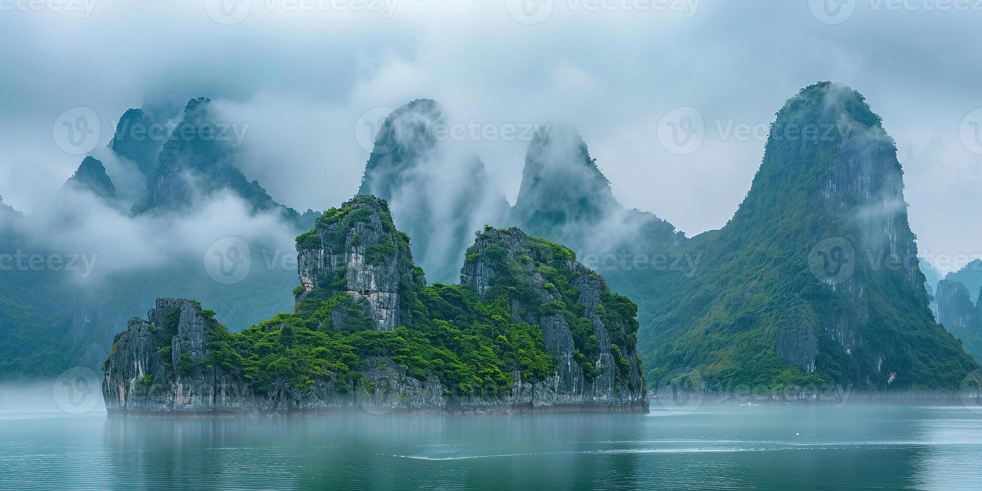 AI generated Ha Long Bay, Halong bay World Heritage Site, limestone islands, emerald waters with boats in province, Vietnam. Travel destination, natural wonder landscape background wallpaper photo