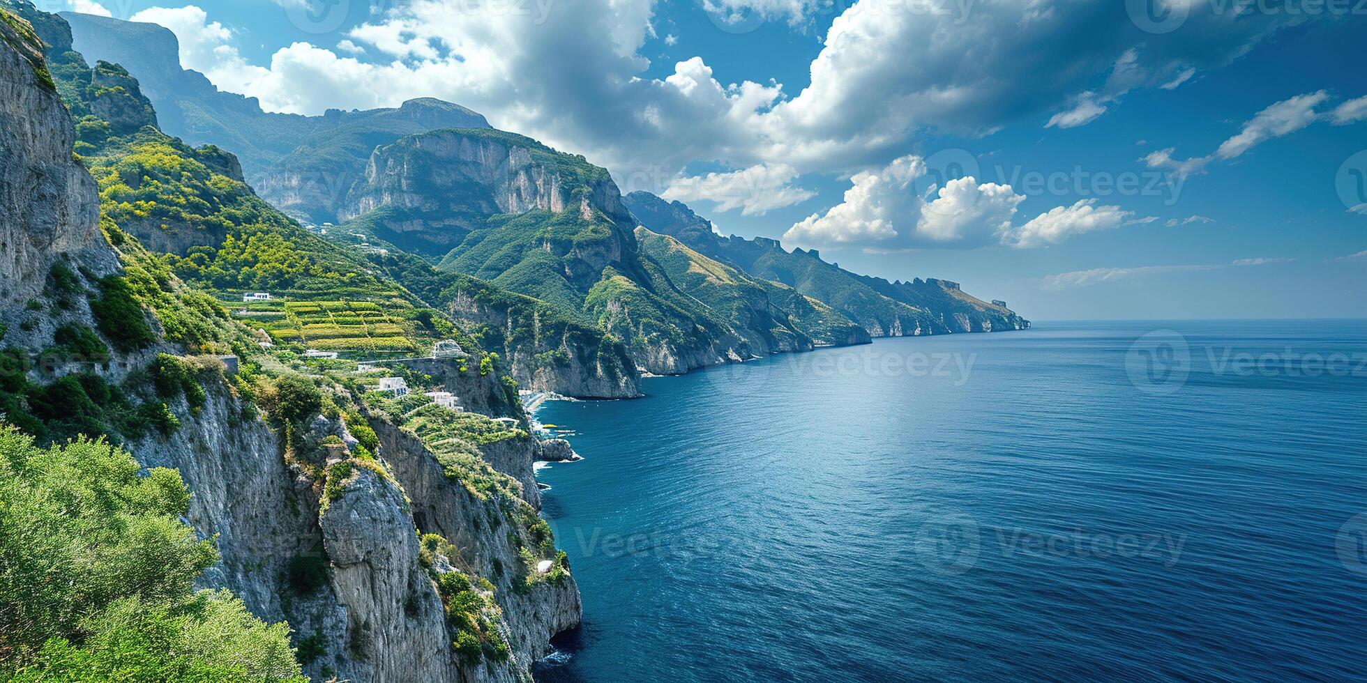 AI generated Amalfi coast coastline in Sorrentine Peninsula, Campania region, Italy. Holiday destination shoreline with hills, beaches, and cliffs, sea view, blue sky day wallpaper background photo