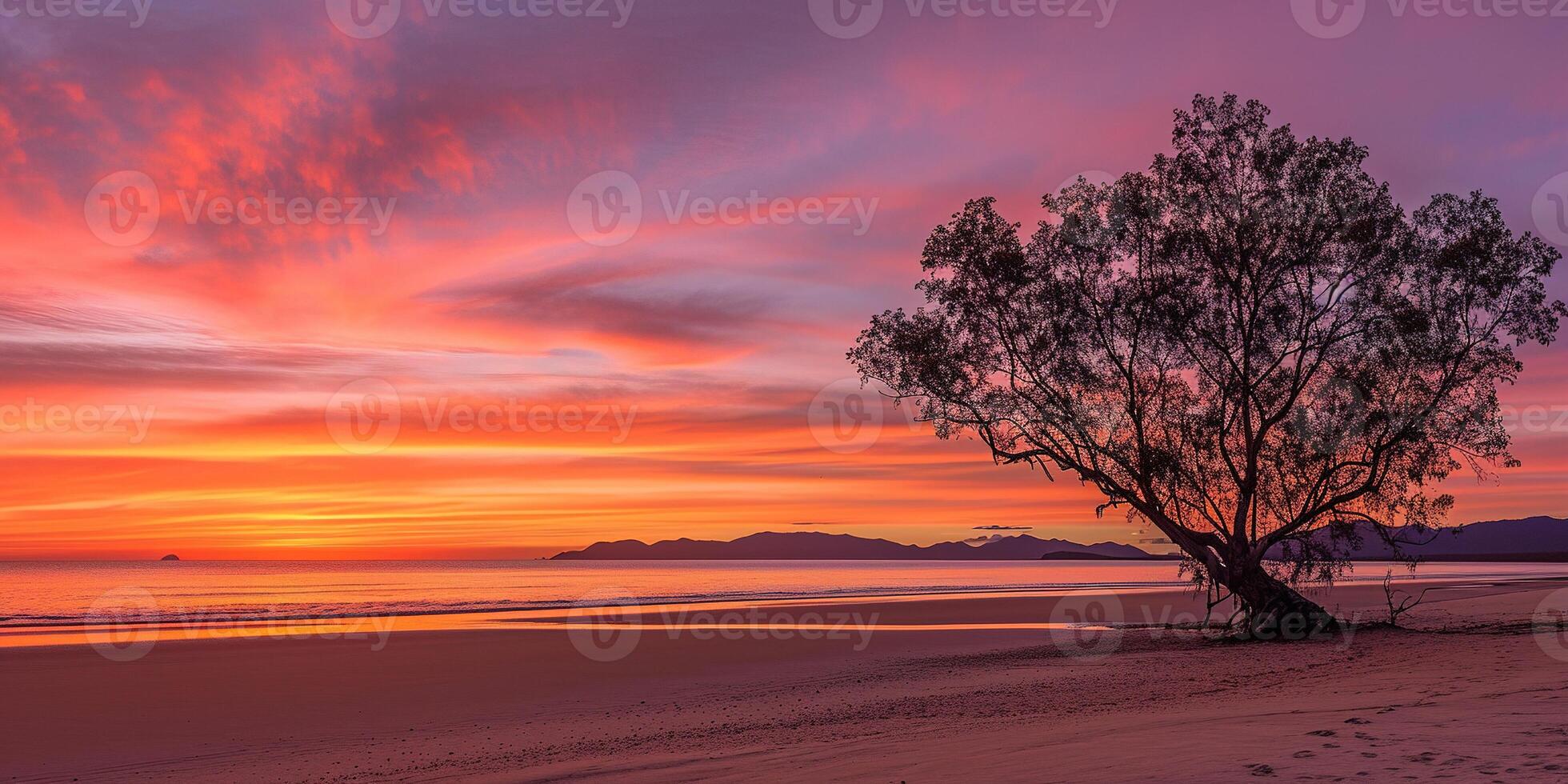 AI generated A silhouette of a tree on an island beach sunset landscape. Golden hour evening sky in the horizon. Mindfulness, meditation, calmness, serenity, relaxation concept background photo