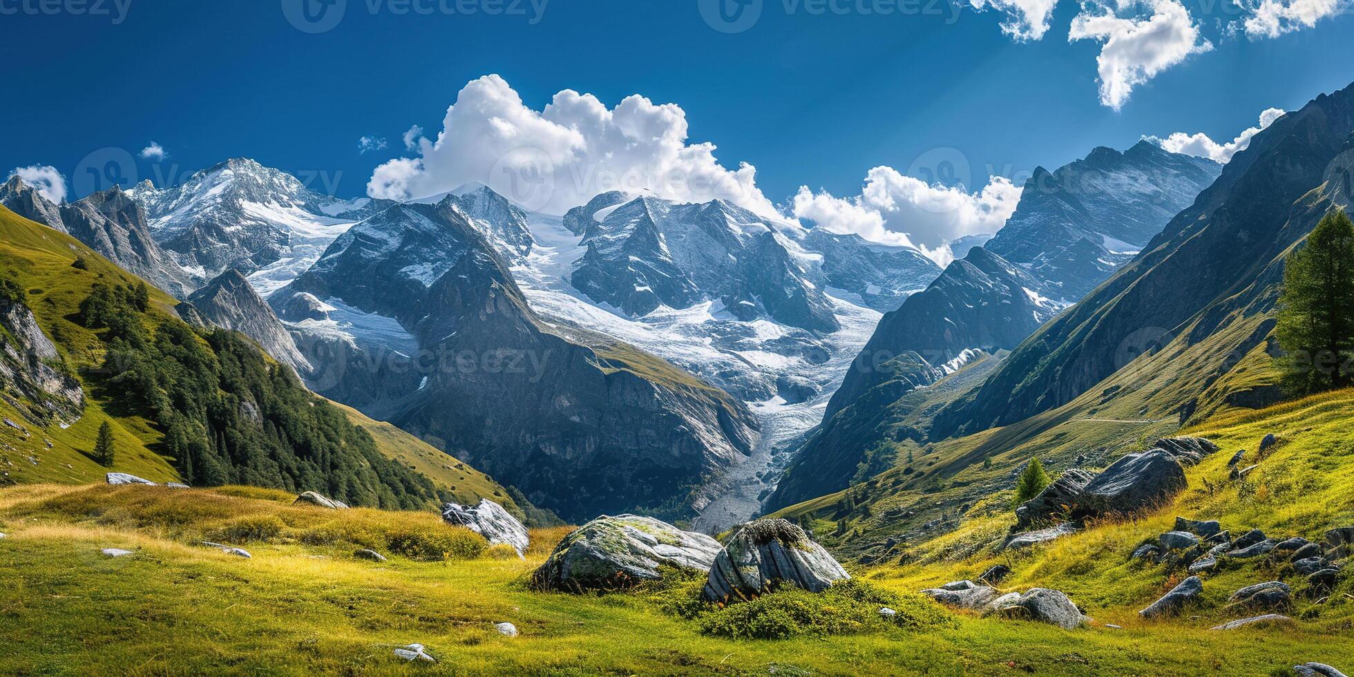 AI generated Swiss Alps mountain range with lush forest valleys and meadows, countryside in Switzerland landscape. Snowy mountain tops in the horizon, travel destination wallpaper background photo