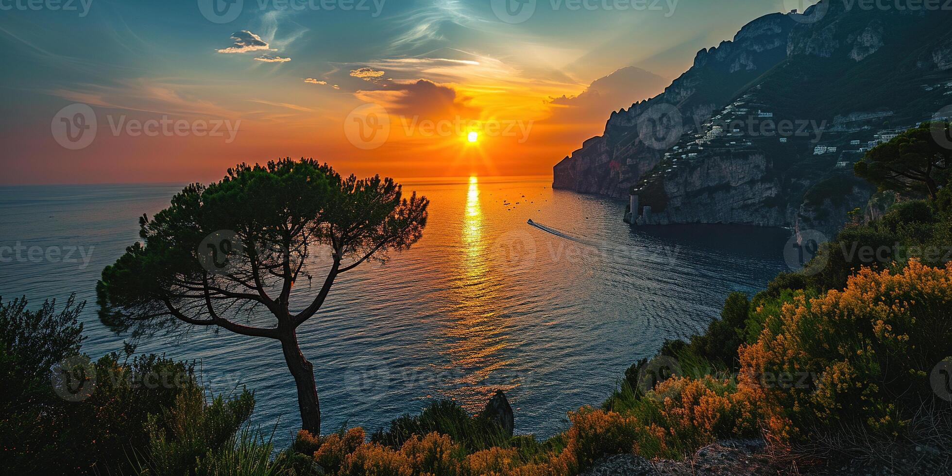AI generated Amalfi coast coastline in Sorrentine Peninsula, Campania region, Italy. Holiday destination shoreline with hills, beaches, and cliffs, sea view, sunset golden hour wallpaper photo