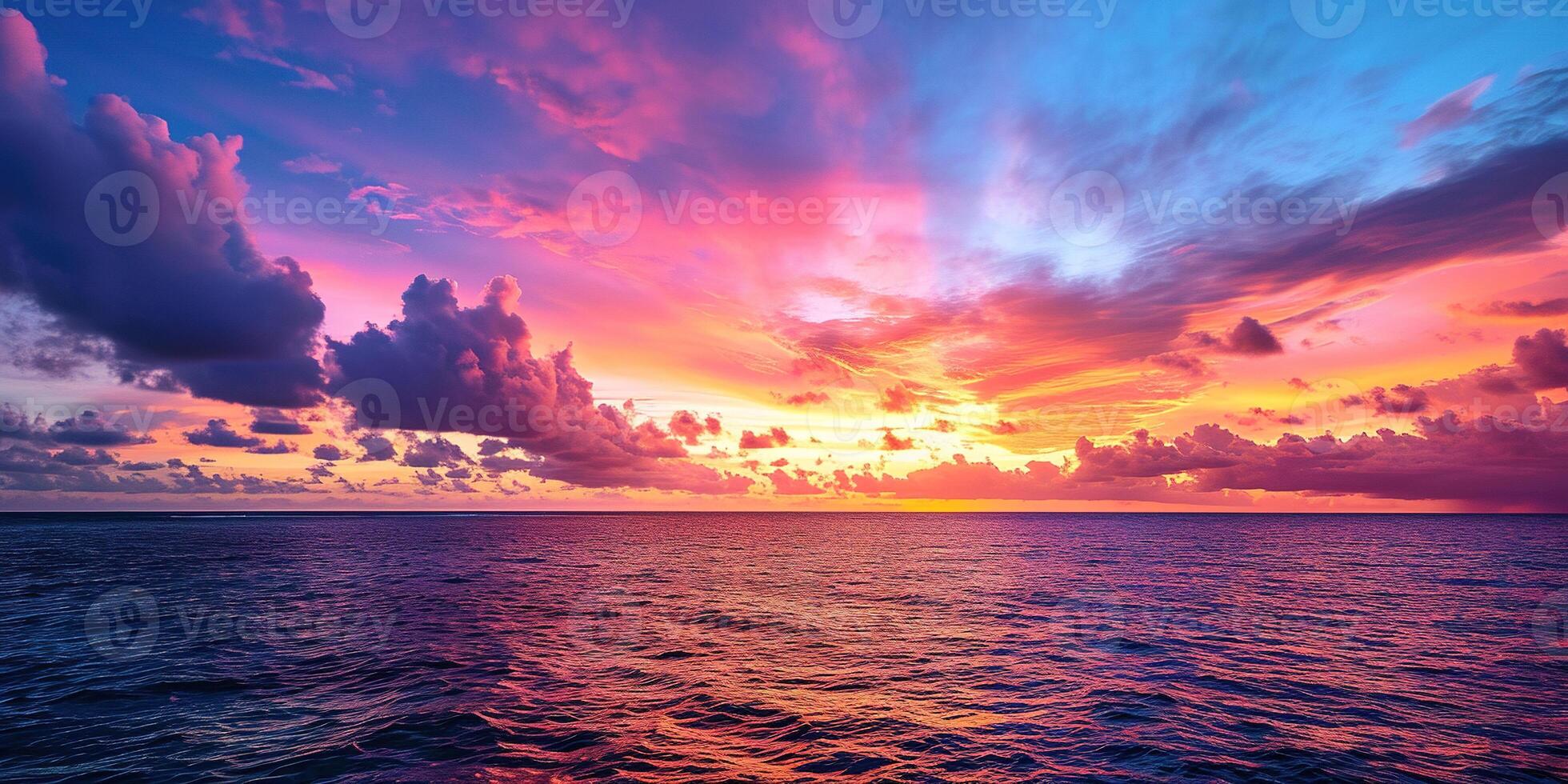 AI generated Calm Sea sunset landscape. Purple, pink, orange fiery golden hour evening sky in the horizon. Mindfulness, meditation, calmness, serenity, relaxation concept wallpaper background photo