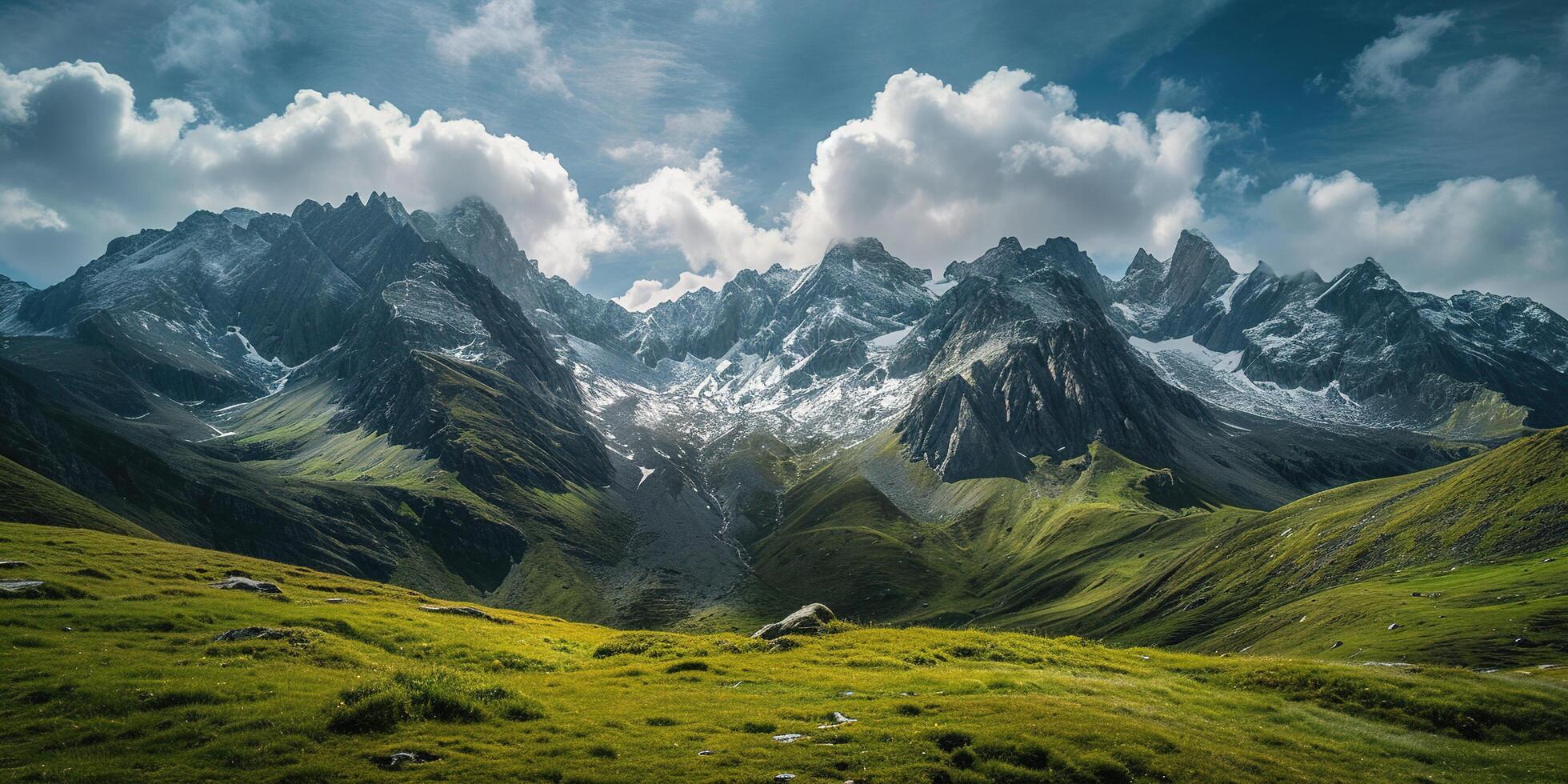 AI generated Swiss Alps mountain range with lush forest valleys and meadows, countryside in Switzerland landscape. Serene idyllic panorama, majestic nature, relaxation, calmness concept photo