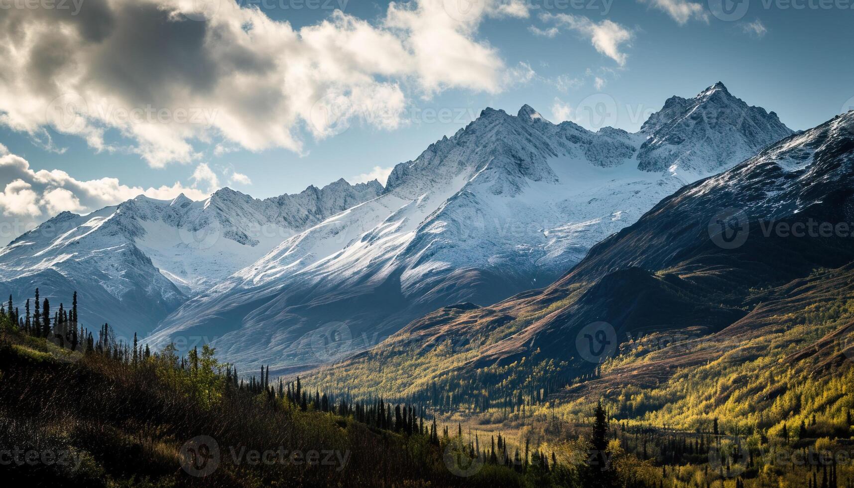 AI generated Snowy mountains of Alaska, landscape with forests, valleys, and rivers in daytime. Breathtaking nature composition background wallpaper, travel destination, adventure outdoors photo