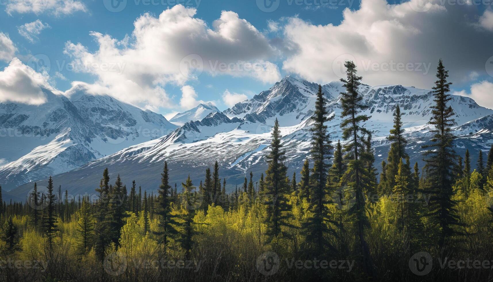 ai generado Nevado montañas de Alaska, paisaje con bosques, valles, y ríos en tiempo de día. sereno desierto naturaleza composición antecedentes fondo de pantalla, viaje destino, aventuras al aire libre foto