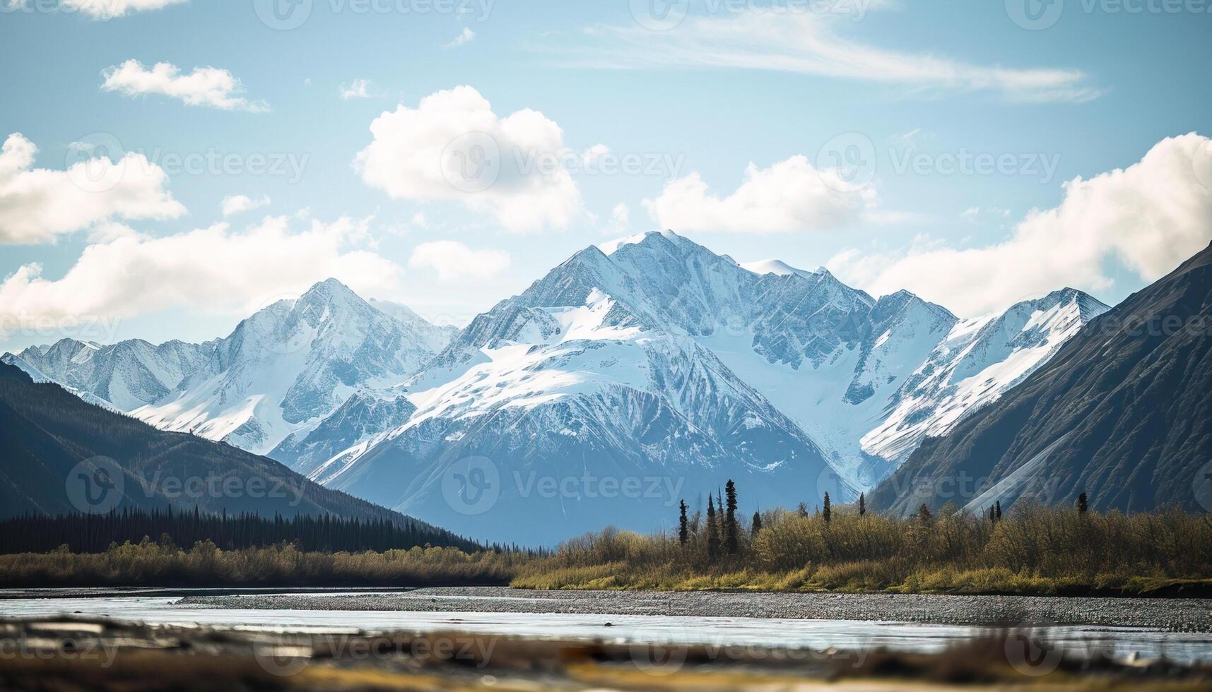 ai generado Nevado montañas de Alaska, paisaje con bosques, valles, y ríos en tiempo de día. asombroso naturaleza composición antecedentes fondo de pantalla, viaje destino, aventuras al aire libre foto