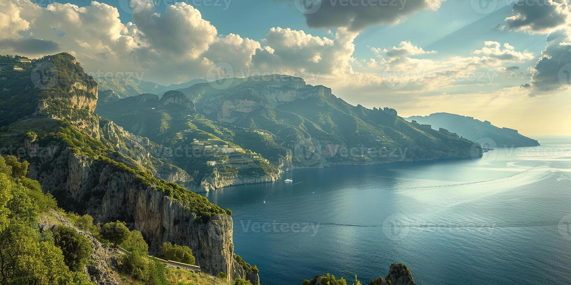AI generated Amalfi coast coastline in Sorrentine Peninsula, Campania region, Italy. Holiday destination shoreline with hills, beaches, and cliffs, sea view, blue sky day wallpaper background photo