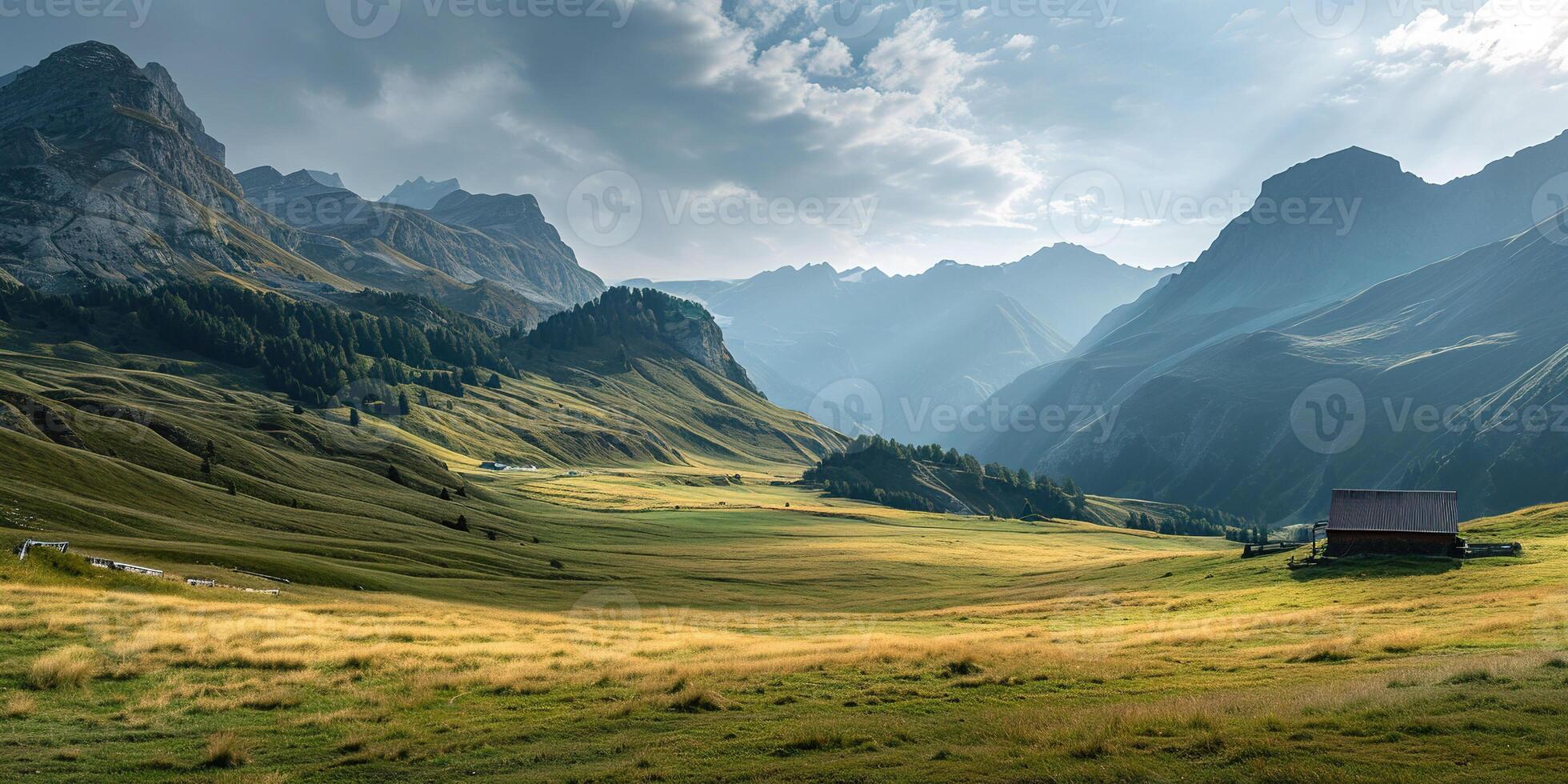 AI generated Swiss Alps mountain range with lush forest valleys and meadows, countryside in Switzerland landscape. Snowy mountain tops in the horizon, travel destination wallpaper background photo