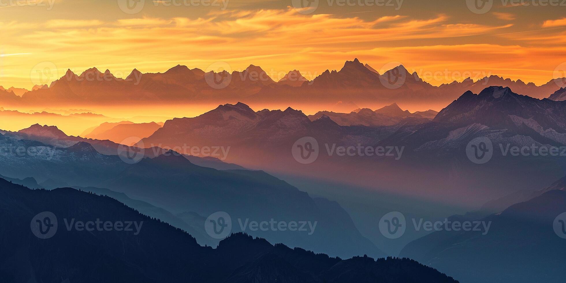 AI generated Swiss Alps snowy mountain range with valleys and meadows, countryside in Switzerland landscape. Golden hour majestic fiery sunset sky, travel destination wallpaper background photo