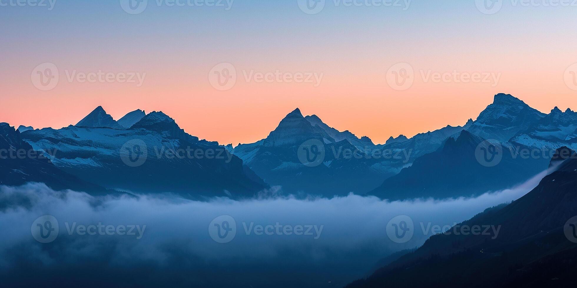 ai generado suizo Alpes Nevado montaña rango con valles y prados, campo en Suiza paisaje. dorado hora majestuoso ardiente puesta de sol cielo, viaje destino fondo de pantalla antecedentes foto