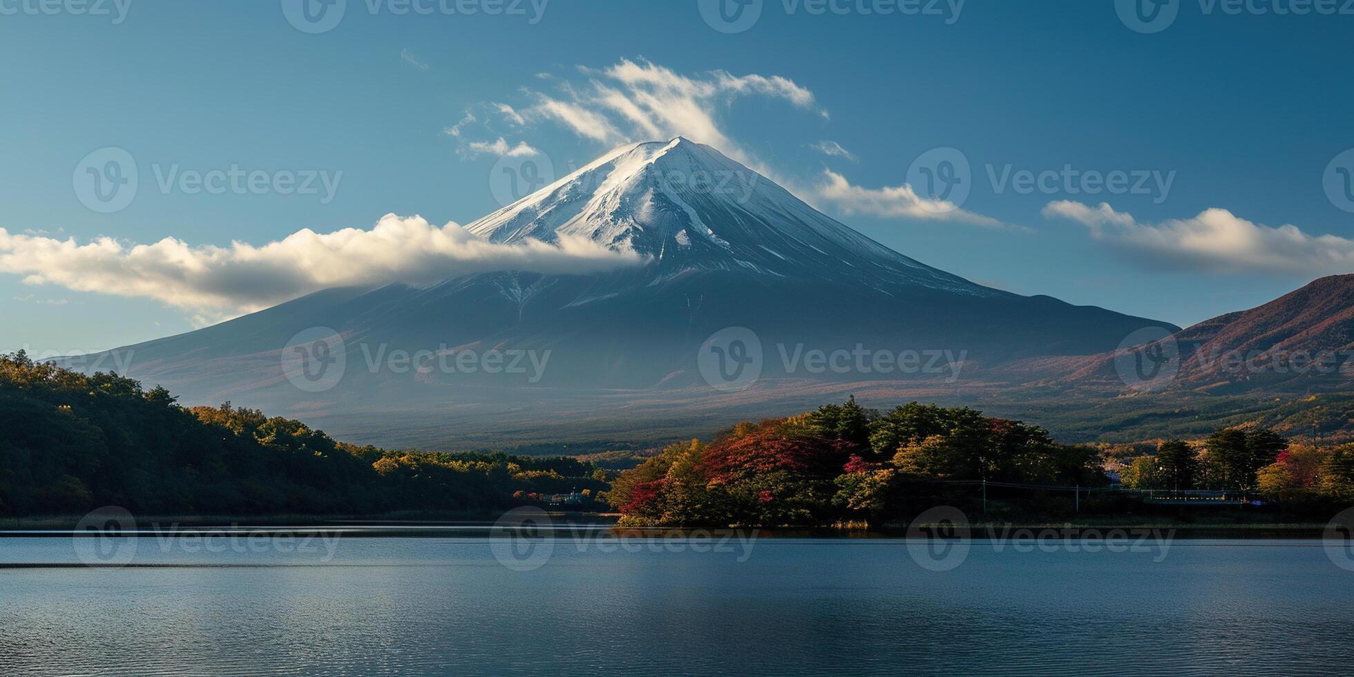 AI generated Mt. Fuji, mount Fuji-san tallest volcano mountain in Tokyo, Japan. Snow capped peak, conical sacred symbol, nature landscape backdrop background wallpaper, travel destination photo
