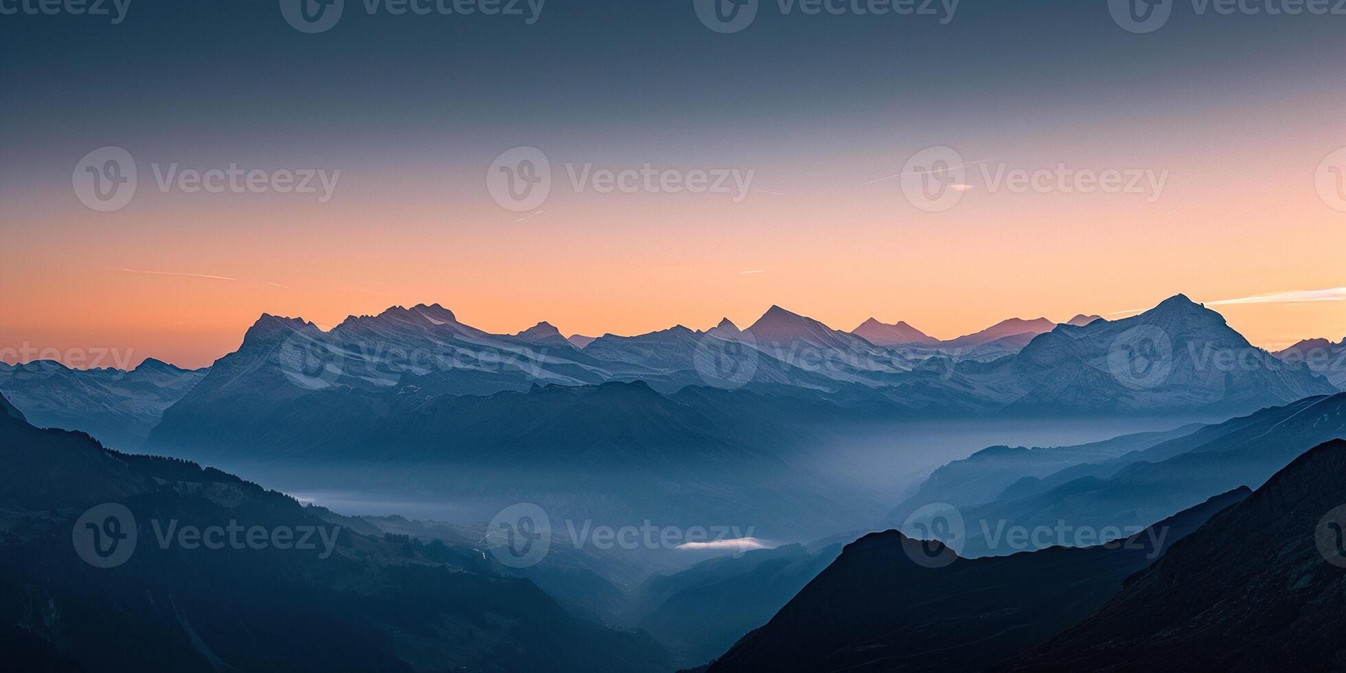 AI generated Swiss Alps snowy mountain range with valleys and meadows, Switzerland landscape. Golden hour sunset, serene idyllic panorama, majestic nature, relaxation, calmness concept photo