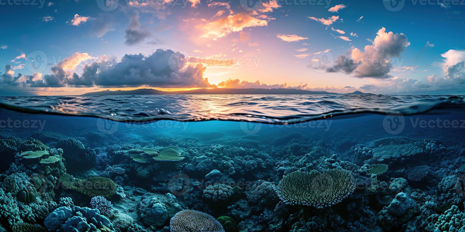 ai generado genial barrera arrecife en el costa de queensland, Australia marina. coral marina ecosistema submarino división vista, dorado hora puesta de sol noche cielo fondo de pantalla antecedentes foto