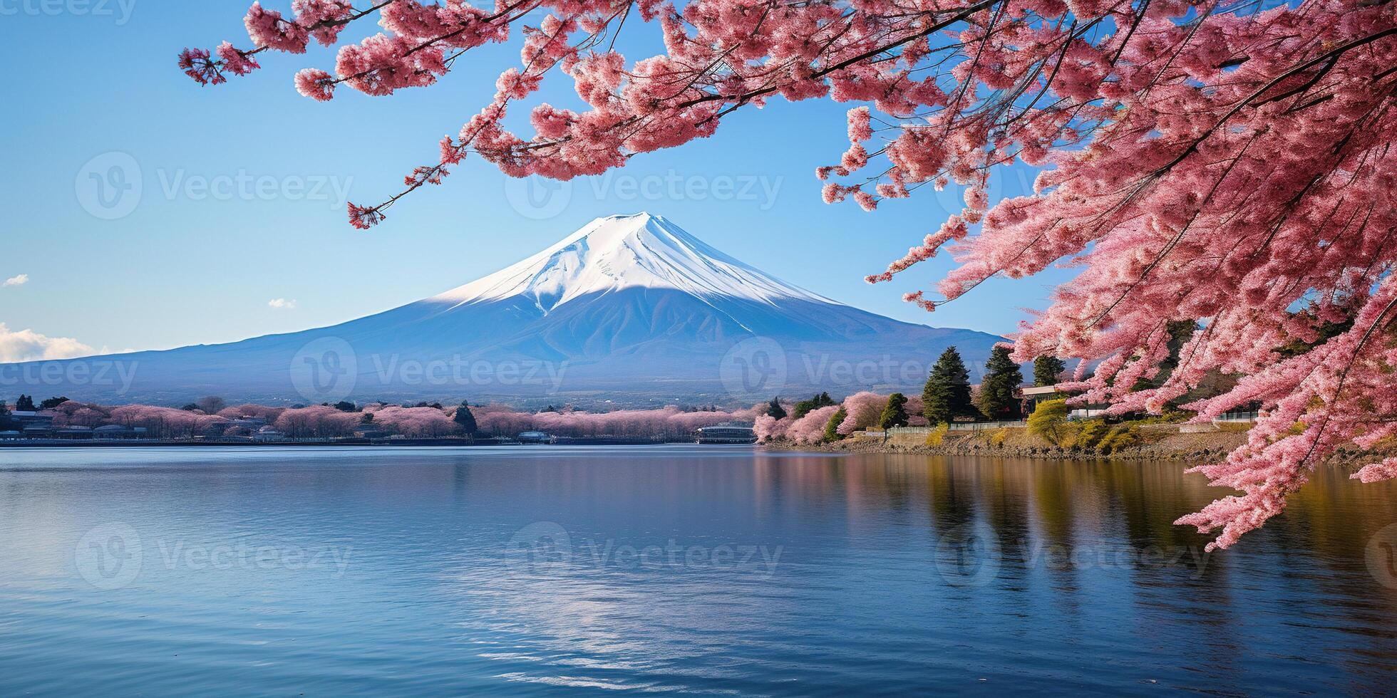 AI generated Mt. Fuji, mount Fuji san tallest volcano mountain in Tokyo, Japan. Snow capped peak, conical sacred symbol, spring season, sakura pink trees, nature landscape backdrop background photo