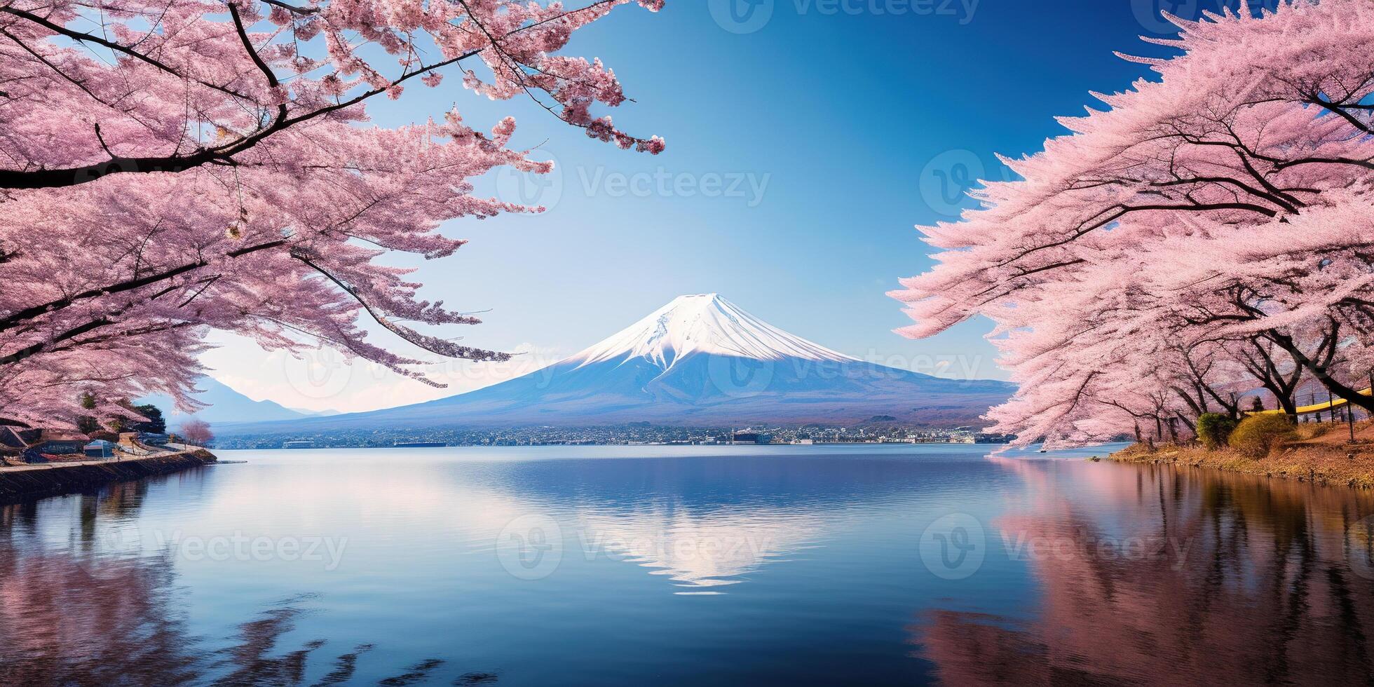 AI generated Mt. Fuji, mount Fuji san tallest volcano mountain in Tokyo, Japan. Snow capped peak, conical sacred symbol, spring season, sakura pink trees, nature landscape backdrop background photo