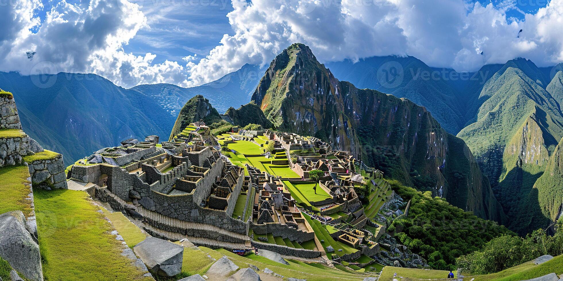 ai generado histórico santuario de machu picchu en un montaña cresta, oriental Cordillera de del Sur Perú. inca ciudadela en el Andes montañas, antiguo civilización, naturaleza panorama paisaje foto