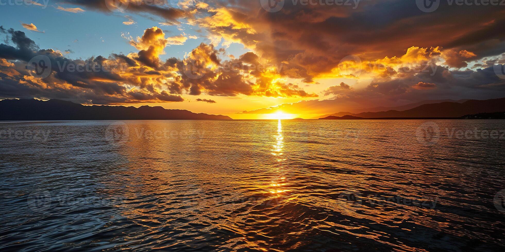 AI generated Calm Sea sunset landscape. Purple, pink, orange fiery golden hour evening sky in the horizon. Mindfulness, meditation, calmness, serenity, relaxation concept wallpaper background photo