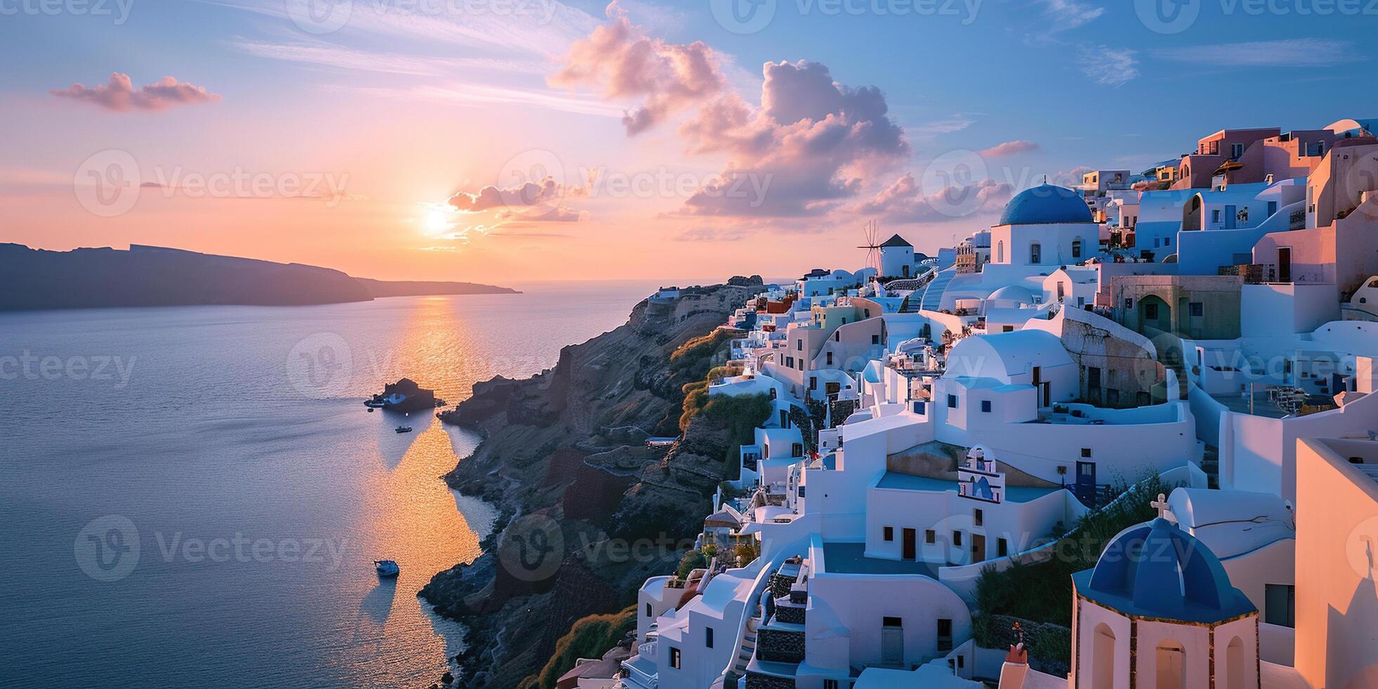 AI generated Santorini Thira island in southern Aegean Sea, Greece sunset. Fira and Oia town with white houses overlooking cliffs, beaches, and small islands panorama background wallpaper photo