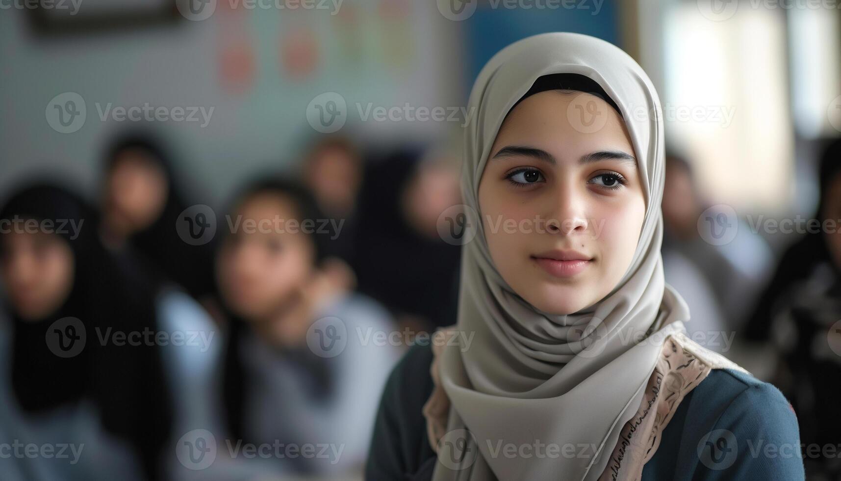 a young muslim woman in a hijab in a classroom photo