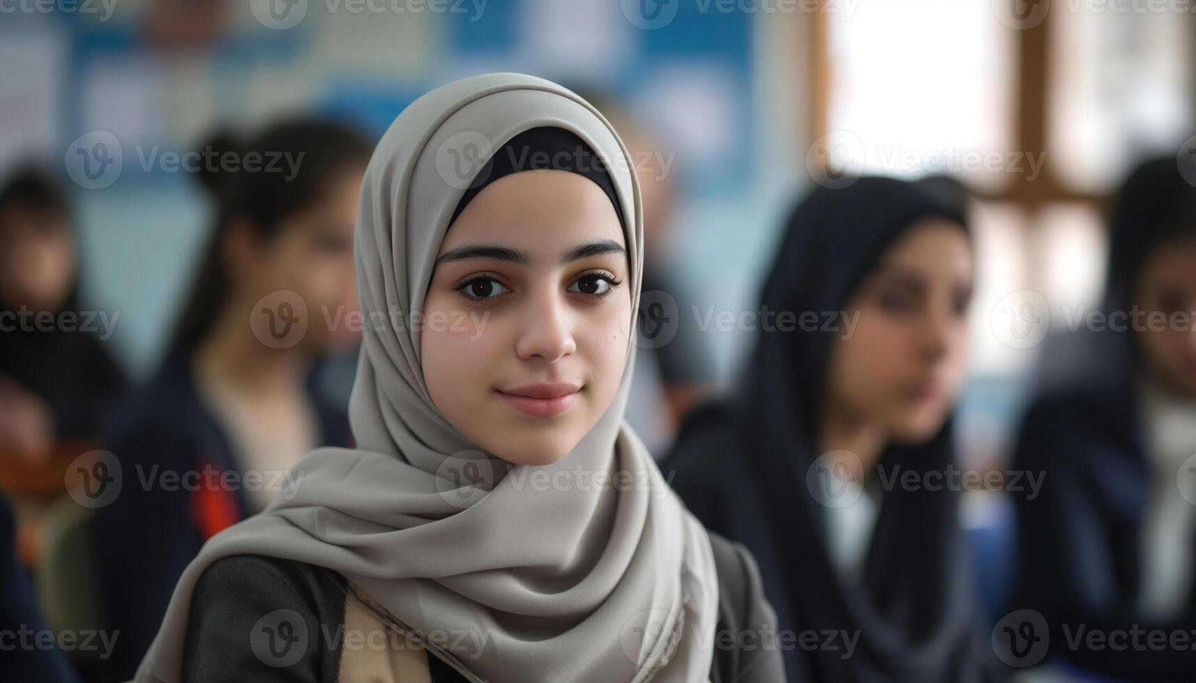 un joven musulmán mujer en un hijab en un salón de clases foto