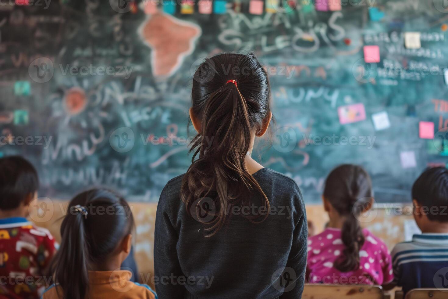 AI generated a student standing in the class with a chalkboard filled with educational content in the background photo