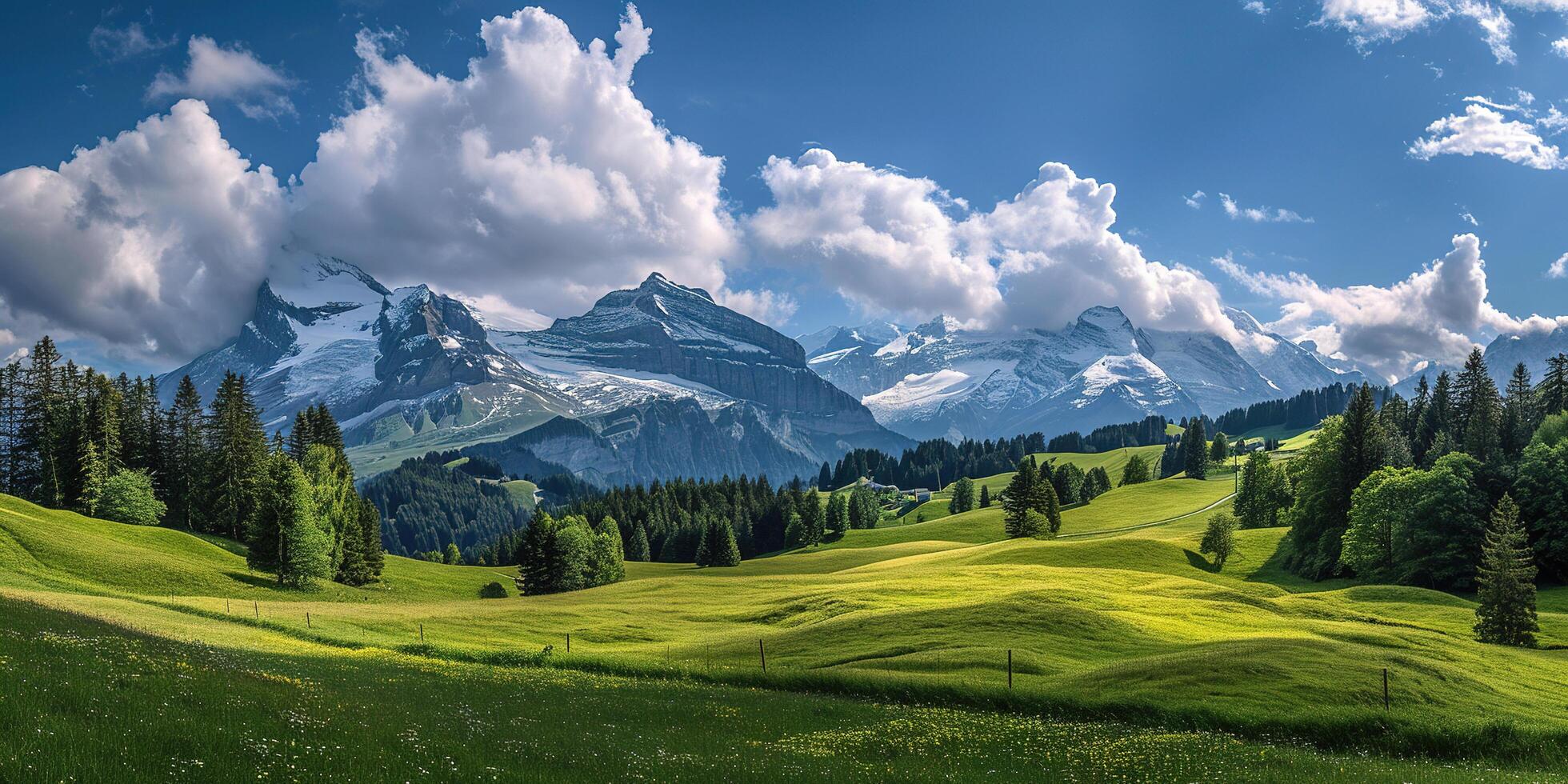 AI generated Swiss Alps mountain range with lush forest valleys and meadows, countryside in Switzerland landscape. Snowy mountain tops in the horizon, travel destination wallpaper background photo