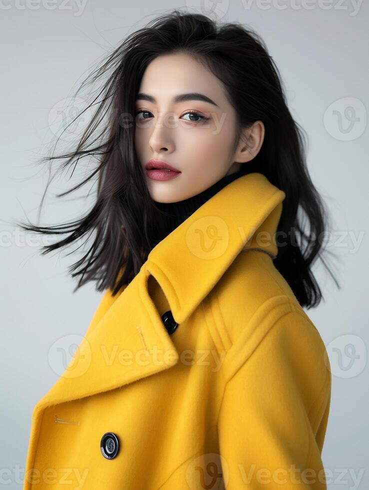 AI generated a woman in a yellow coat posing for a picture photo