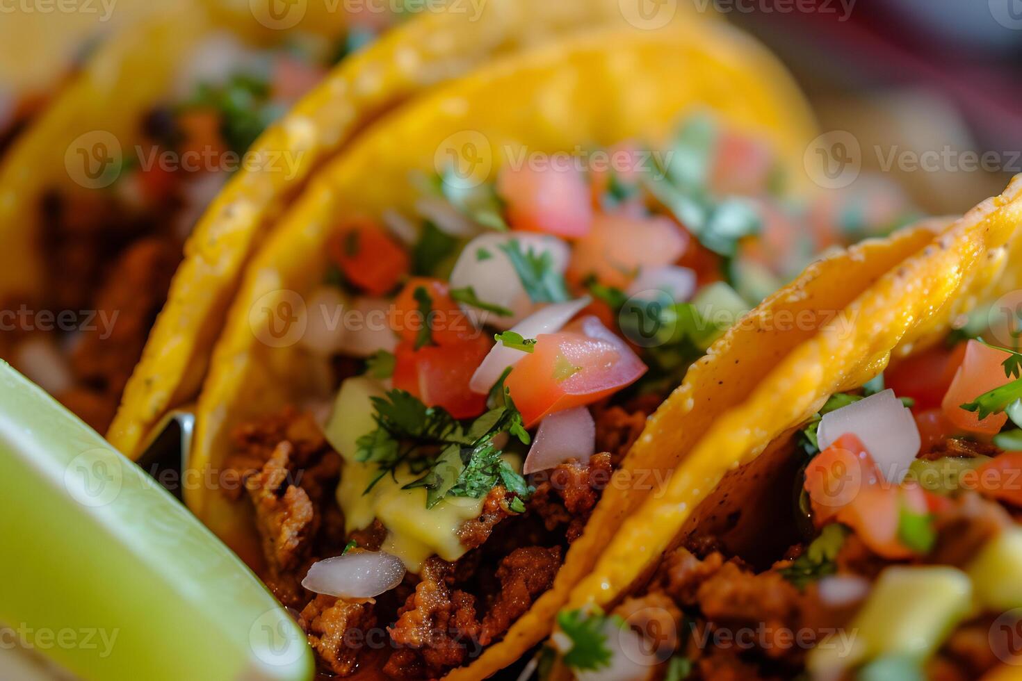 AI generated a close up of taco with selective focus on the textures and colors of the ingredients photo