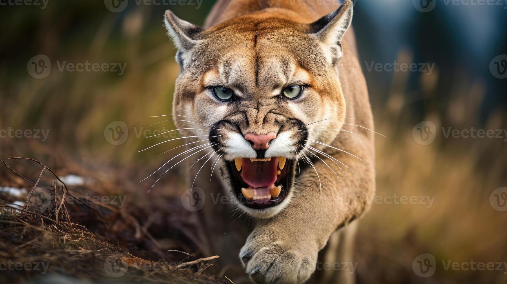 AI generated Roaring cougar or mountain lion hunts its prey photo