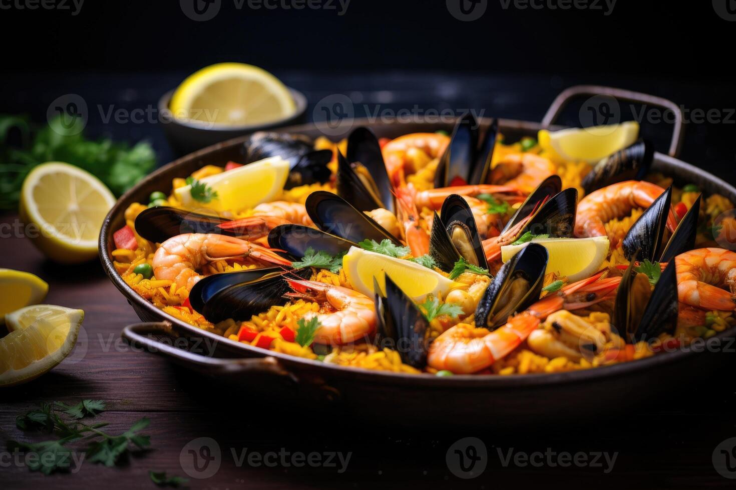 AI generated Delicious Spanish paella highlighting mussels and shrimps. photo