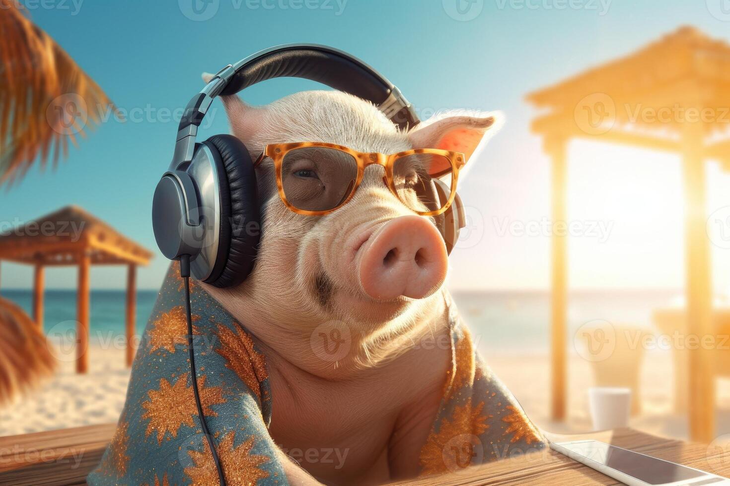 AI generated Working Pig on the beach with sunglasses and headphones photo