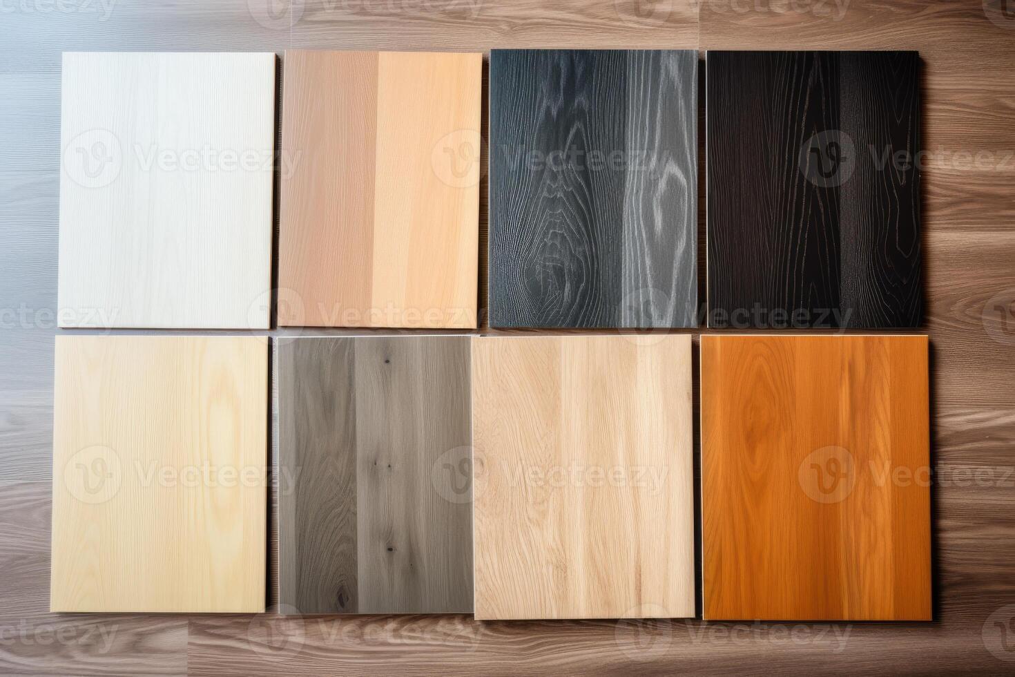 AI generated Wood laminate floor samples, vinyl tile. Assortment of parquet or laminate floor samples in natural colors. photo