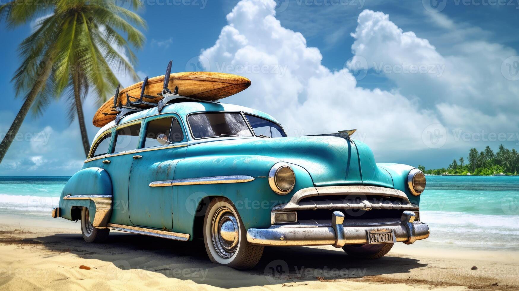 ai generado azul antiguo coche estacionado en un tropical playa foto